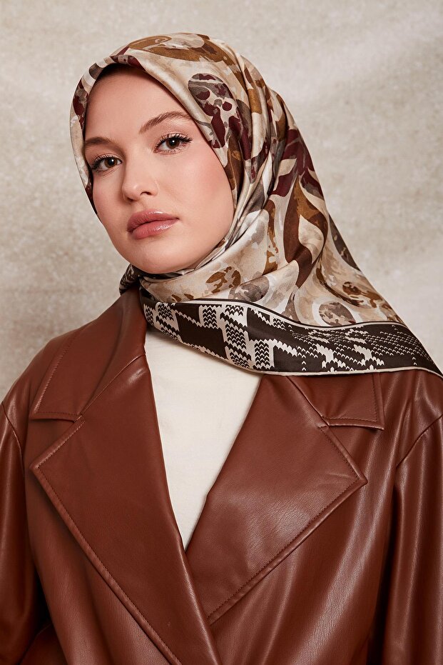 Brown Patterned Twill Silk Scarf - 1