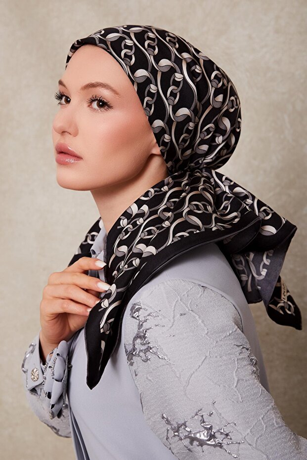 Black-Grey Chain Patterned Twill Silk Scarf