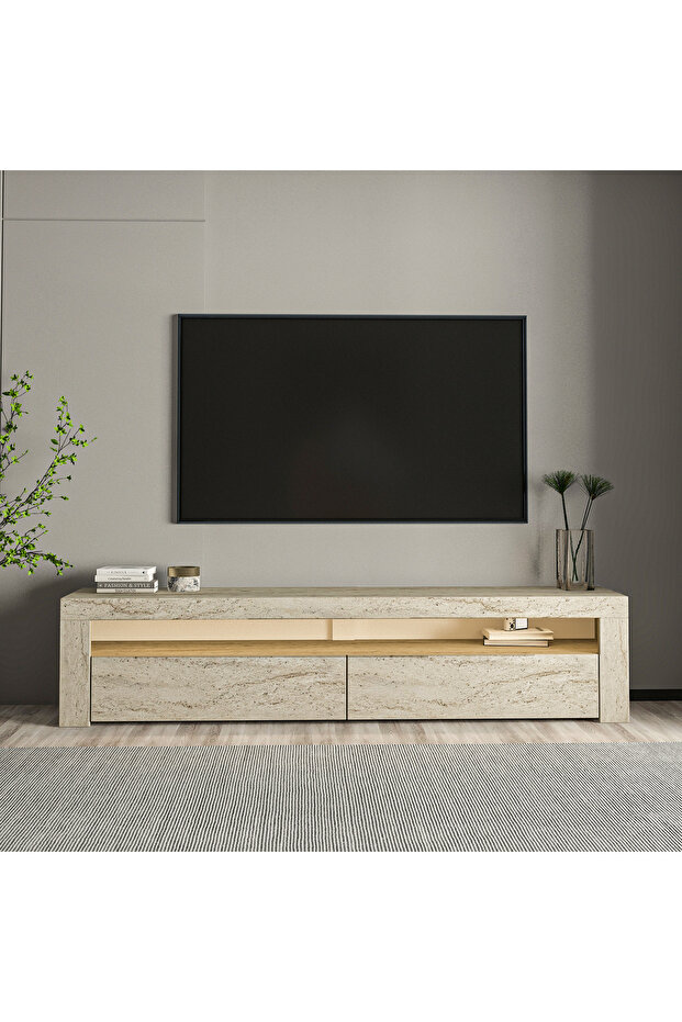 İNARCH DİZAYN Batı LED Işıklı 2 Kapaklı TV Sehpası – 150 cm – Minimal Tasarım, Traverten Desen