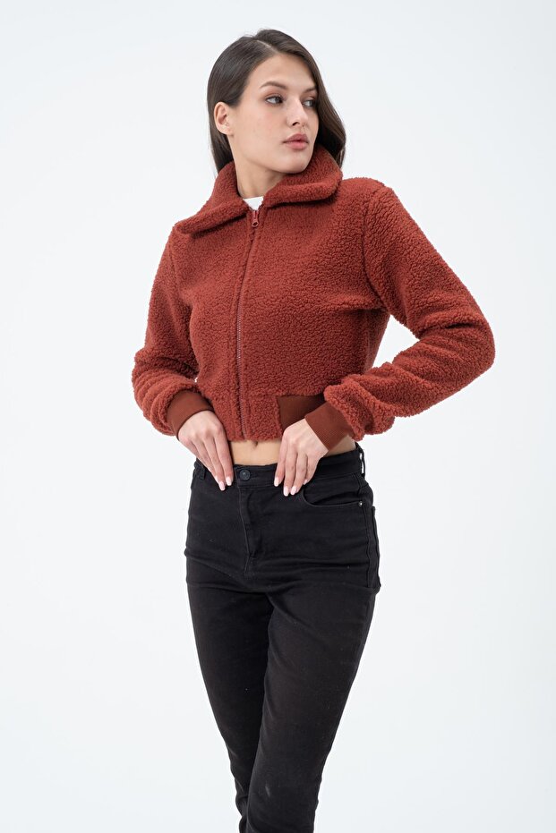 Women's Plush Short Comfort Long Sleeve Crop Fleece Tile Jacket