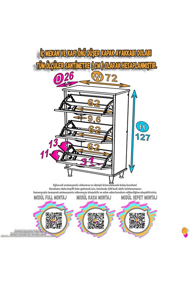 VARBİ Kapı Önü 72x 127x 26 cm’ lik 2 Düşer Kapak 4 Göz Bölmeli Ayakkabılık - 2