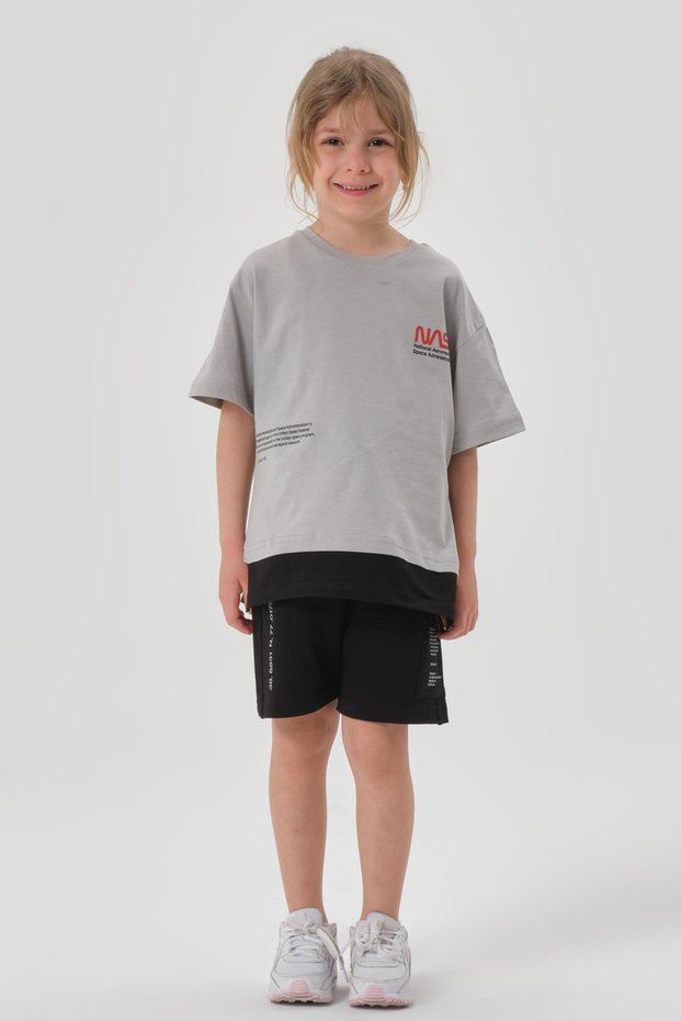 Single Jersey Fabric Summer Print Detailed Pocket and Lanyard Girls' Bottom and Top Set