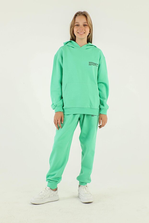 Basic Girl's Tracksuit Set with Hooded Print Detail and Steel Interlock Fabric