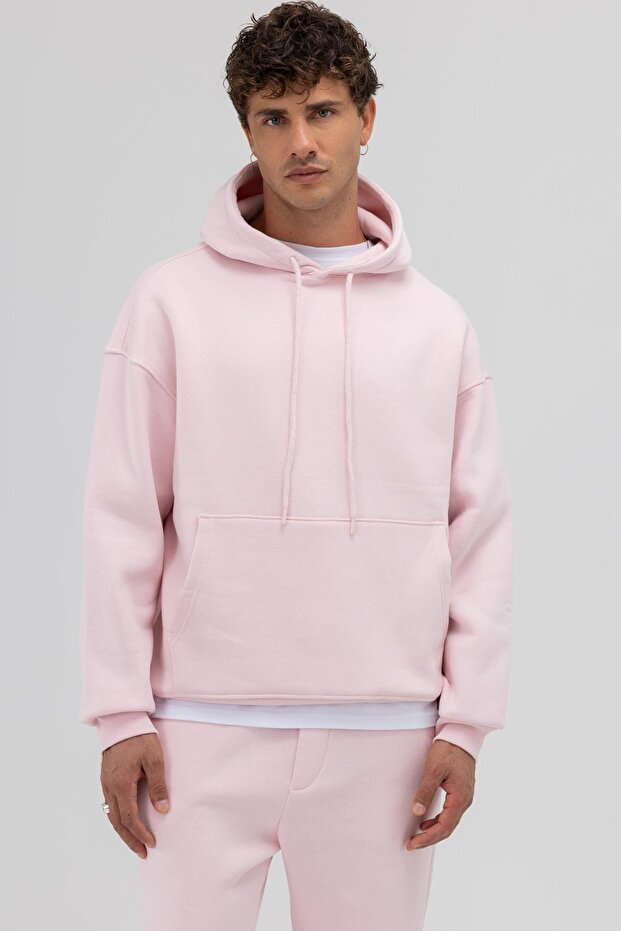 Basic Oversize Kapüşonlu Sweatshirt Pembe - 7