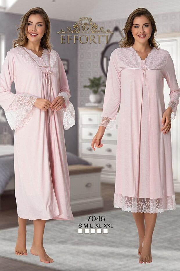 Effortt 7045 Powder Pink Guipure Maternity Nightgown Set with Dressing Gown