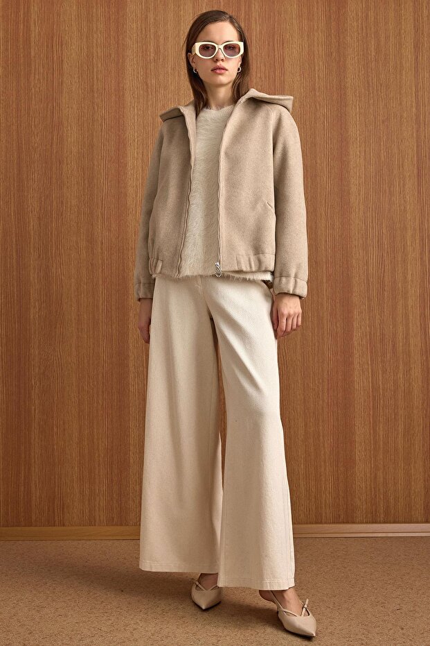 Hooded Buy Lastikli Oversized Short Coat Stone 3162