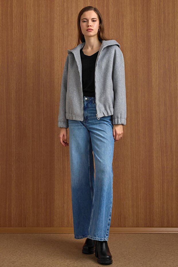 Hooded Buy Lastikli Oversized Short Coat Light Gray 3162