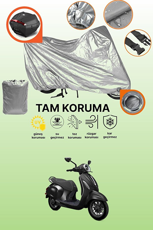 Gray Lock and Rear Bag Compatible Bajaj Chetak Compatible Motorcycle Tarpaulin, Protective Cover