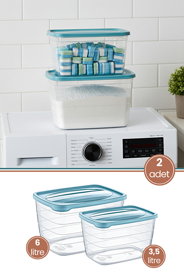 2'li Tablet Ve Toz Deterjan Saklama Kutusu Seti, Un Şeker Bakliyat Erzak Saklama Kabı Set 6lt+3,5lt - 1
