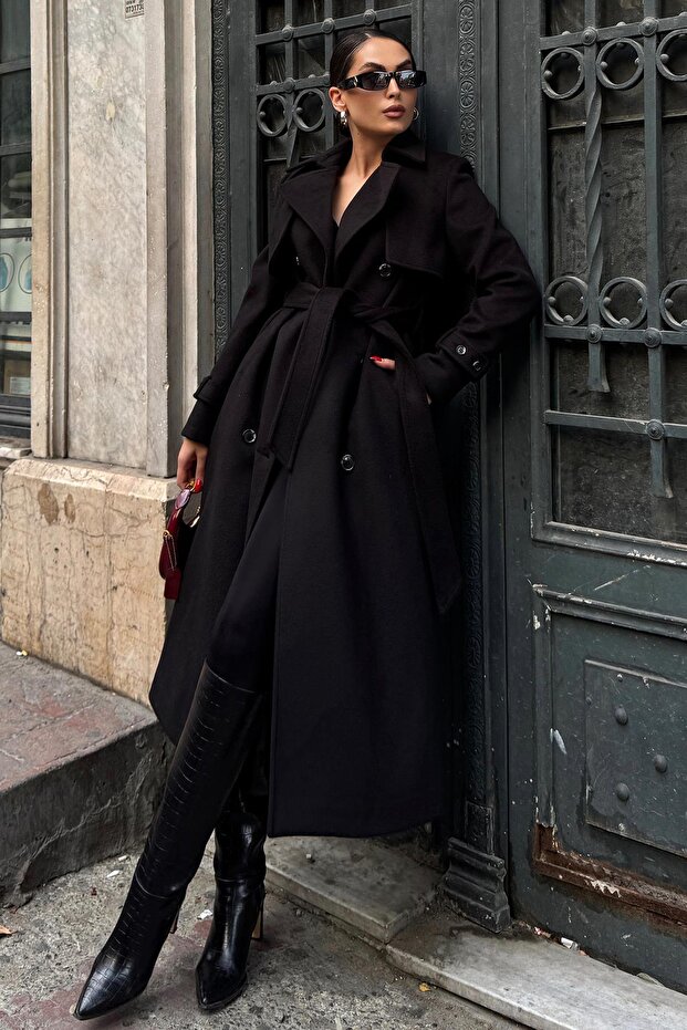 Cloak Detailed Double Breasted Coat Black 3091