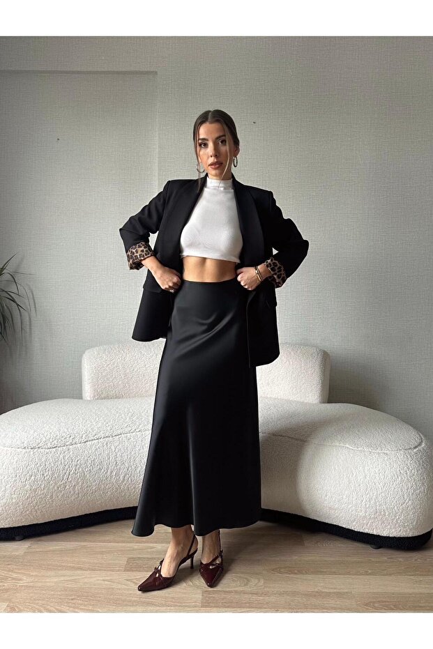 Mohinto Saten İhracat Midi Etek Siyah - 4