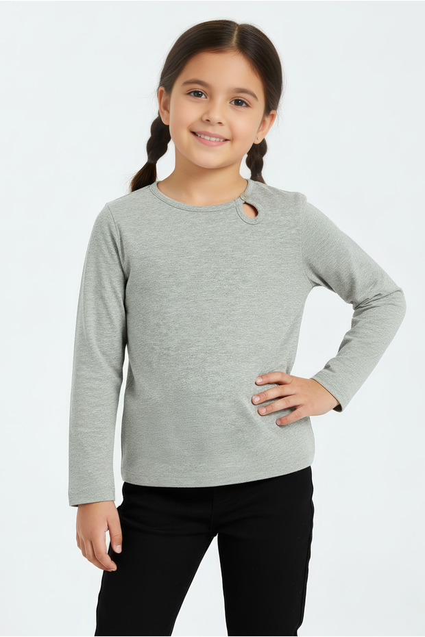 Cotton Collar Piping Button Detailed Girl's T-shirt - Gray