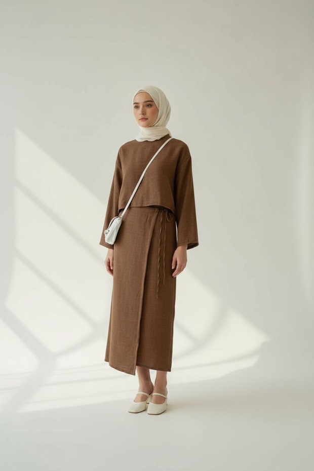 Dámský lněný komplet Halenka a sukně s elastickým pasem Dlouhá sukně s elastickým pasem Letní komplet - 2