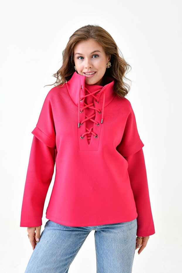 Women's Lace-Up Collar Scuba Oversize Sports Stylish Design Sweatshirt
