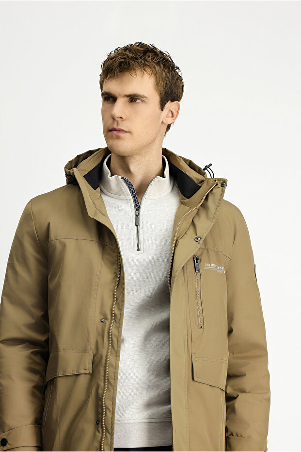 Regular Fit Polyester Düz Kapişonlu Fermuarlı Kaban - 4