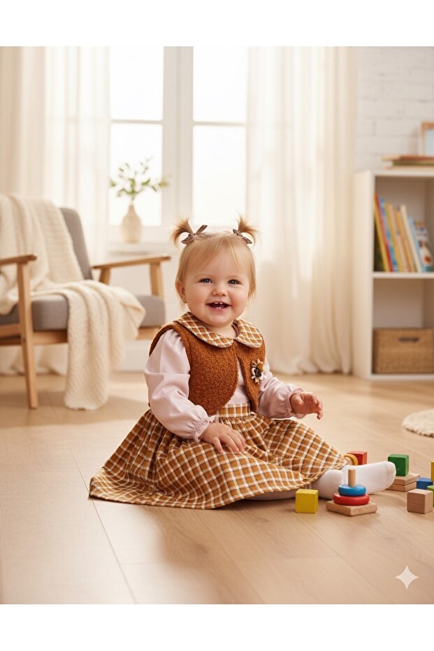 Brown Plaid Vest Set Piece Clothes Set (9Months-1-1.5-2 Years Old)