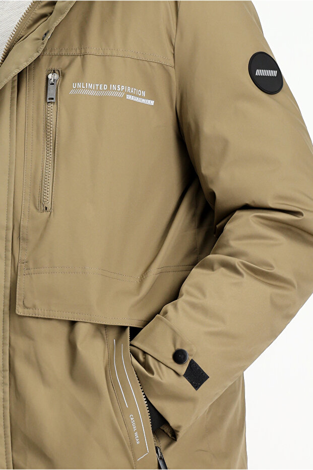 Regular Fit Polyester Düz Kapişonlu Fermuarlı Kaban - 7