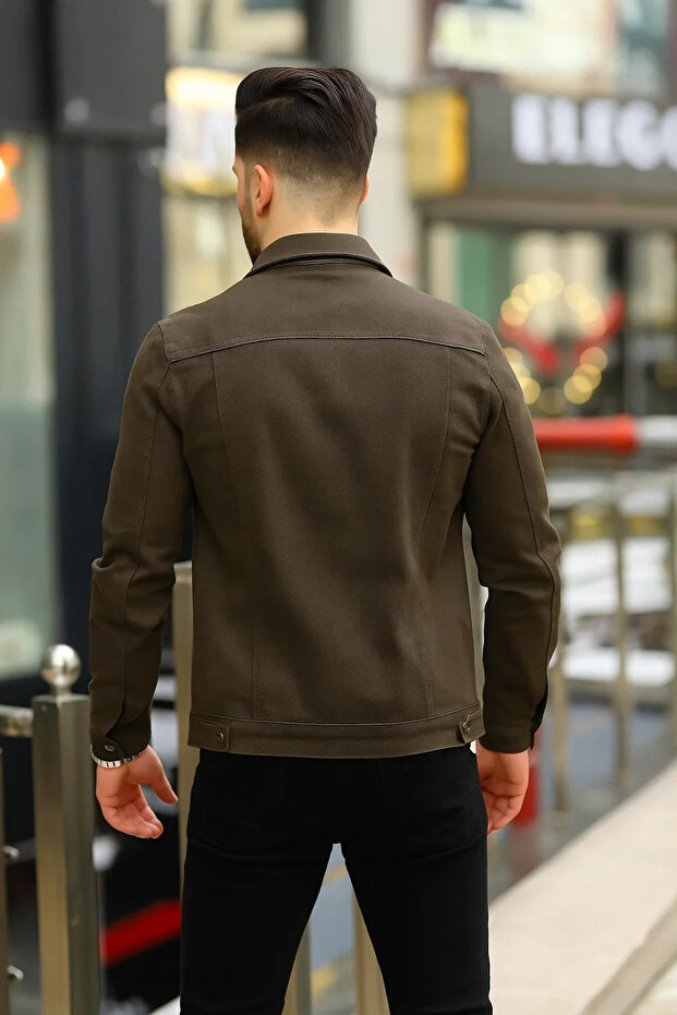 سترة رجالية من القطن المرن باللون الكاكي مع جيوب - 8