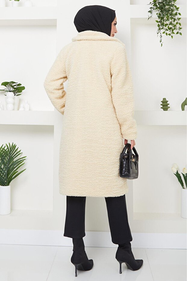 Krémszínű plüsskabát - Fleto Pocket, HM2506 modell - 8