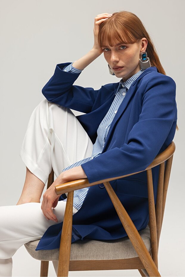 Navy Blue Button Detailed Business Jacket