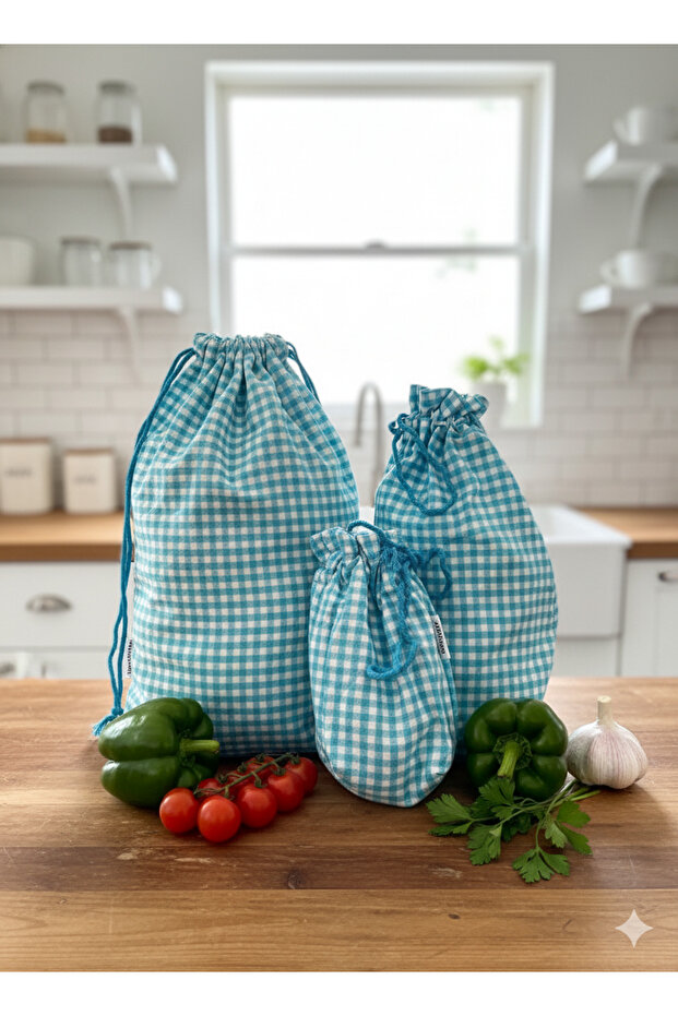 Blue Gingham Ecological Cloth Pouch, Eco-Friendly Cloth Pouch, Drawstring Cloth Bag, Organizer Pouch (Set of 3)