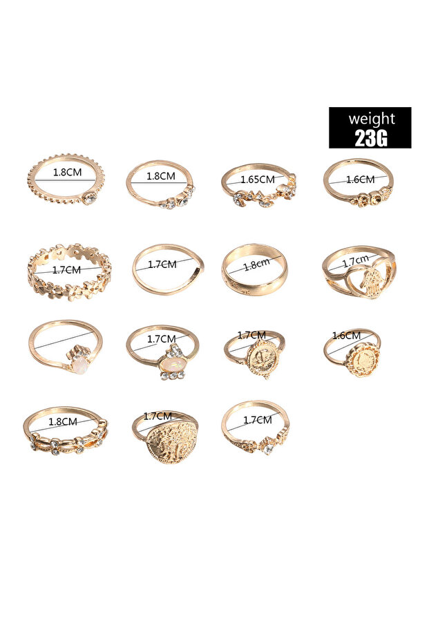 15 Adet Farklı Boyutlarda Bohem & Vintage Eklem Yüzük Seti - 6