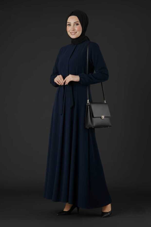 Medina Silk Mevlana Cut Loose Fit Robe with Pockets and Belt, Navy Blue