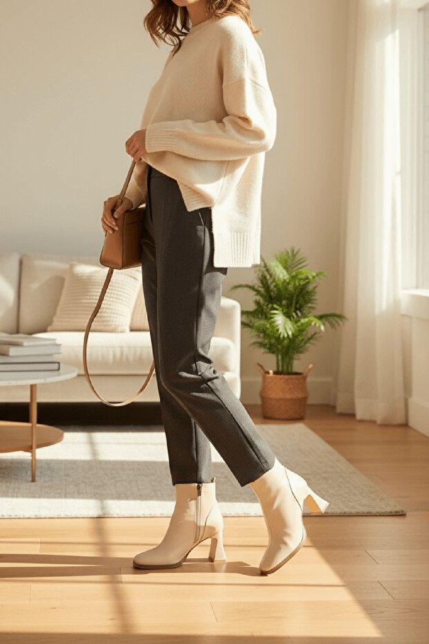 Barelle Beige Front-Stitched (8 cm Heeled) Blunt Toe Heeled Boots