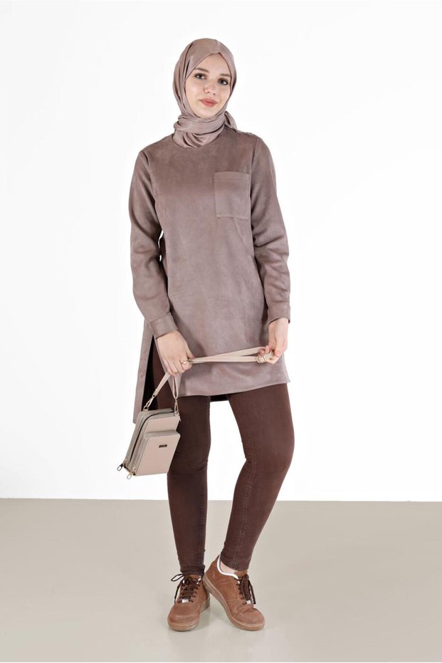 ASYMMETRIC CUT SUEDE TUNIC WITH BUTTON DETAIL 42430