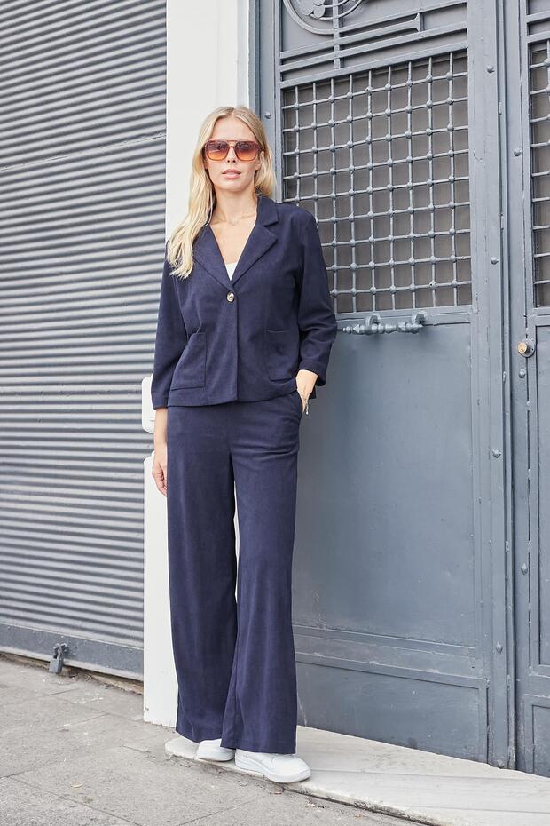 Women's Velvet Lycra Flexible Soft Textured High Waist Side Pockets Wide Leg Palazzo Trousers-Navy Blue
