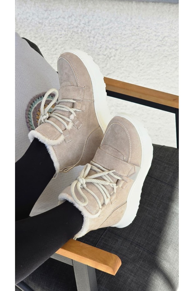 Melinta Women's Beige Suede Fur Detailed Sports Boots