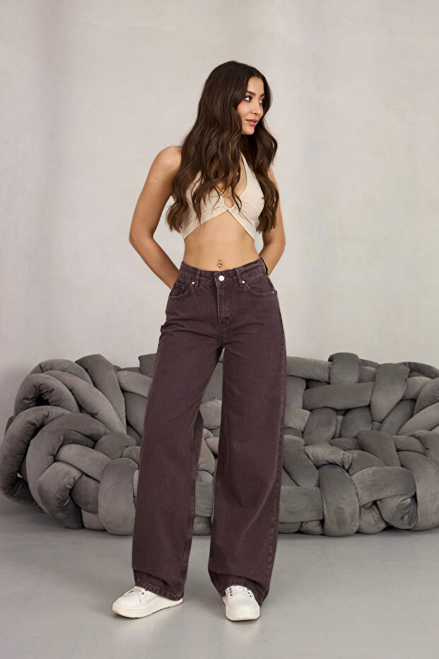 Dámske hnedé džínsy so širokými nohavicami a vysokým pásom - 7