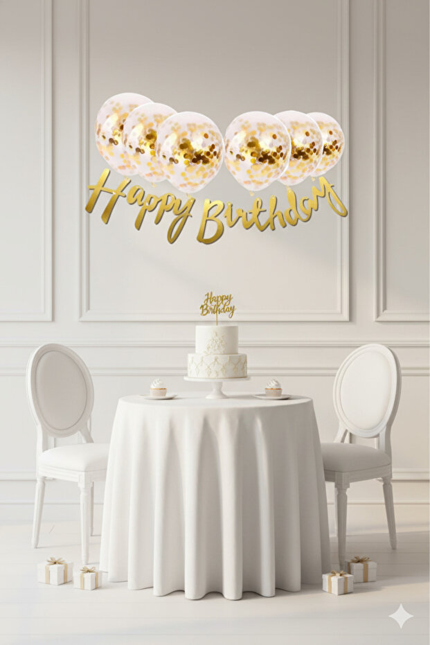 Gold Confetti Transparent Balloon Happy Birthday Calligraphy Writing