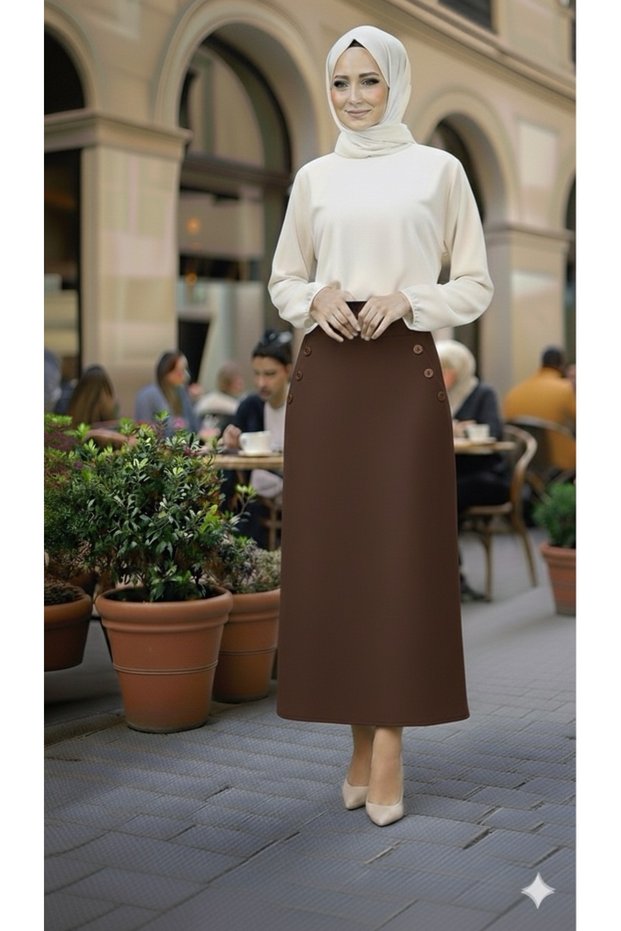Brown High Waist Pencil Skirt Long Pocket Button Detail Women's Classic Business Meeting Office Skirt