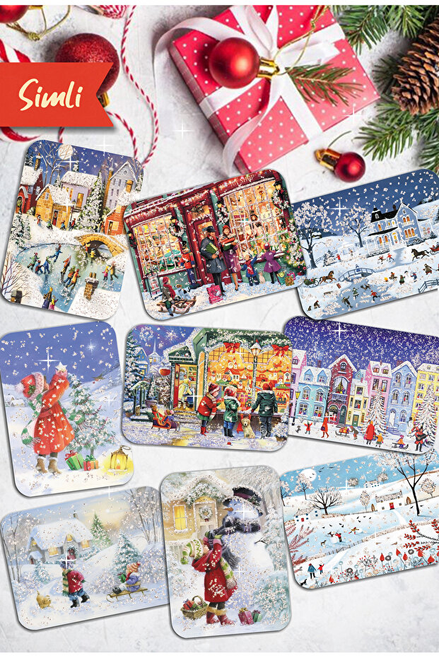 Set of 9 Glittery New Year Postcards New Year Winter Scenery Nostalgia