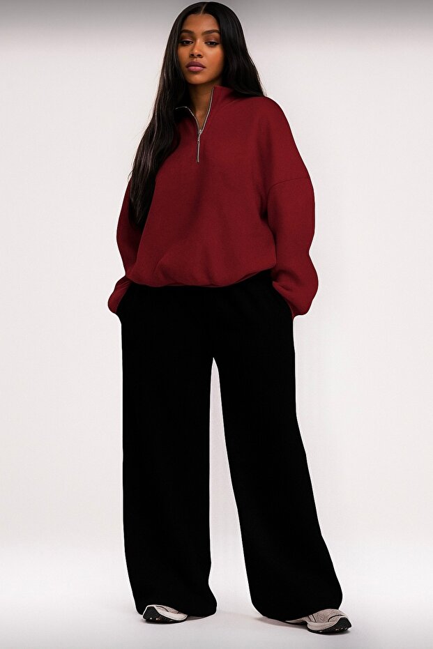 Black Wide Leg Burgundy Mock Neck Sweatshirt Tracksuit Set