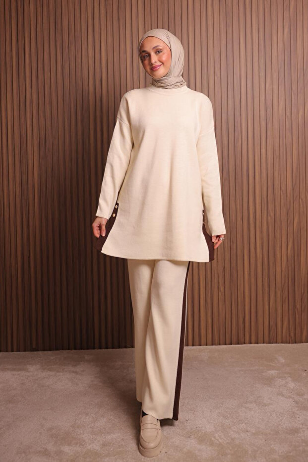 Women's Oversized Plain Weave Slit Hijab Knitwear Set 1136