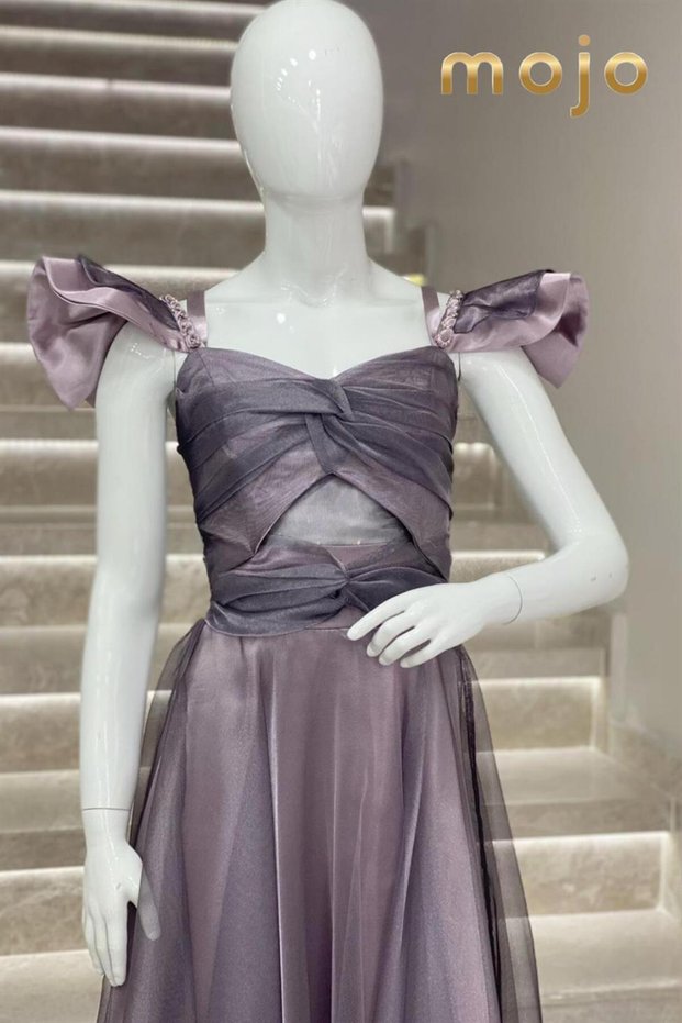 Erkut Abiye Low Sleeve Taffeta Fabric Long Evening Dress 643 Lilac