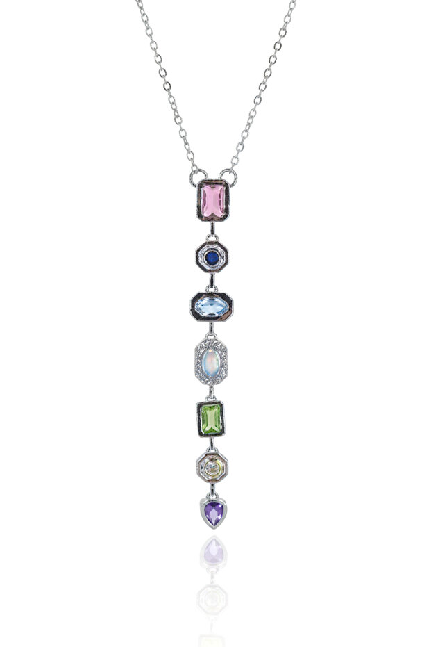 Women's Silver Color Multicolored Zircon Stone Model Y Necklace - Tarnish-Free Stainless Steel Stylish and Modern