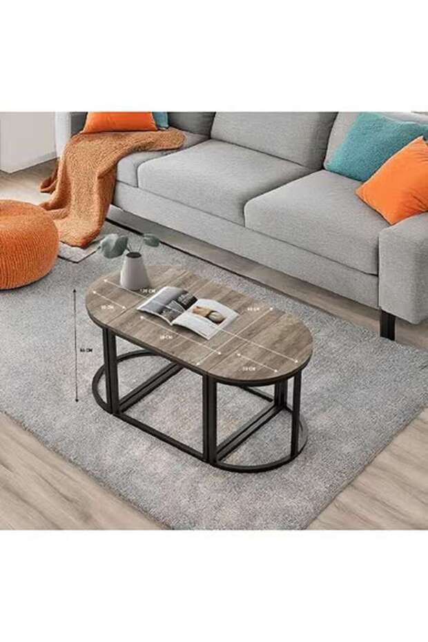 طقم طاولة قهوة بيضاوية من 3 قطع، طاولة مركزية وطاولتين جانبيتين - 6