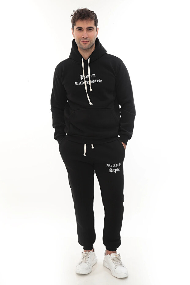 Black Stylish Men's Tracksuit Set with Fleece Inside, Elasticated Cuffs, Pockets, Hooded, Embroidery Detail, Compact Set