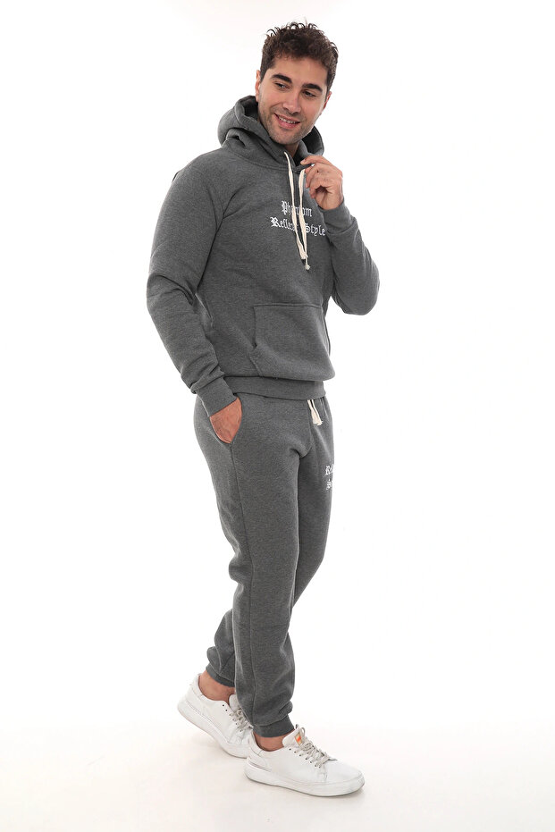 Dark Gray Fleece Men's Tracksuit Set with Elasticated Legs and Pockets, Hooded Embroidery Details, Compact Set