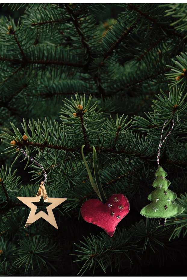 3Pcs Christmas New Year Ornament, Red Embroidered Heart, Christmas Tree, Plexi Gold Star Set 1