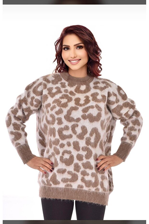 Leopard Pattern Crew Neck Sweater, Soft Bearded Knitwear Hijab Sweater