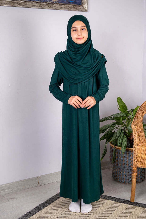 Practical Headscarf One-Piece Children's Prayer Dress 8-12 Years Old - Emerald Green