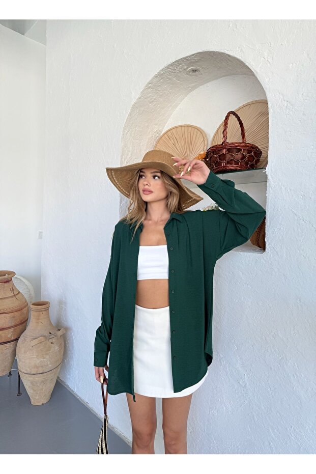 Жіноча сорочка oversize з темно-зеленого льону Ayrobin - 3