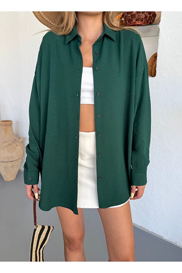 Жіноча сорочка oversize з темно-зеленого льону Ayrobin - 6