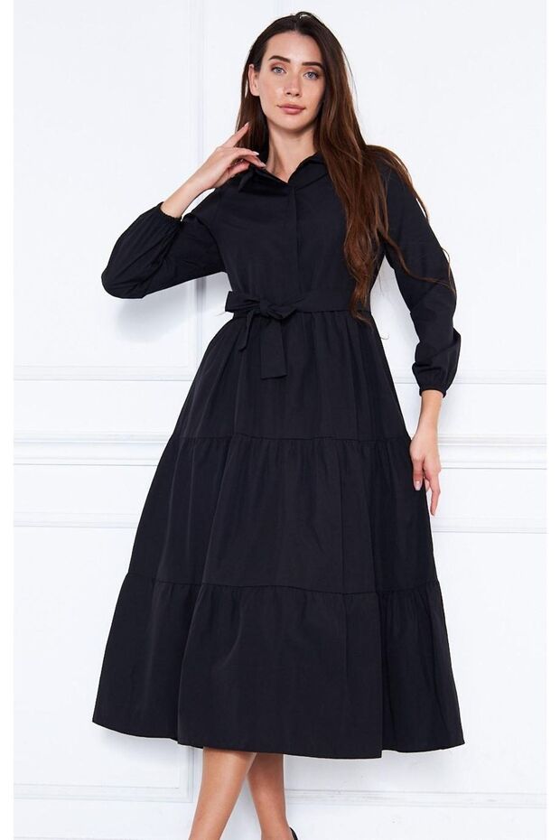 Women's Layered Shirt Collar Stylish Black Long Dress