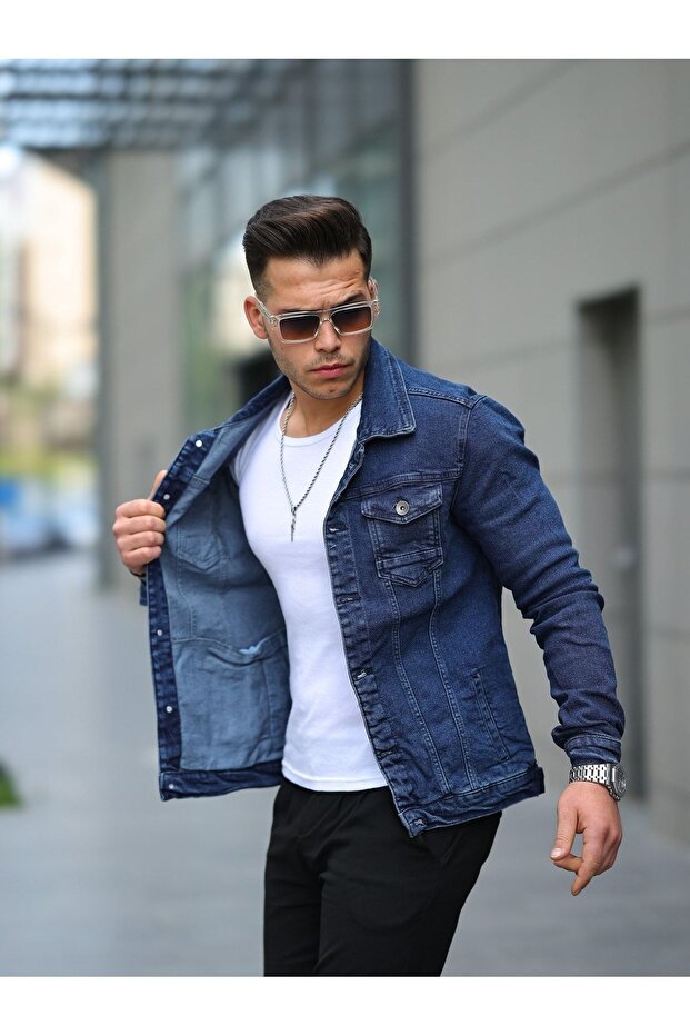Men's Trendy Polo-Neck Slim-Fit Denim Jeans Blue Denim Jacket