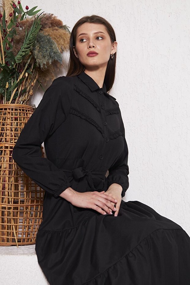 Rochie lungă neagră elegantă, pliată, cu pliuri - 1